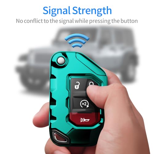 Image of Compatible with Jeep Key Fob Cover with Leather Keychain Soft TPU Protection Key Case for 2018-2026 Wrangler JL JLU Rubicon Wagoneer Gladiator JT Sahara JLU Remote Key (Green)