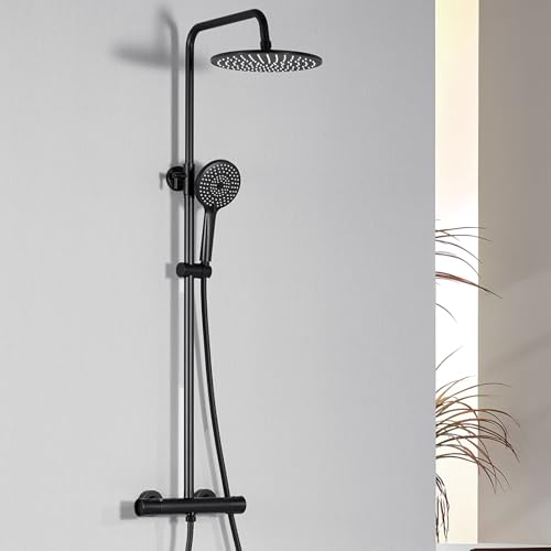 Auralum Thermostatic Shower Mixer Set 25cm Rainfall Shower Head (129 Jets) and 3-Mode Handheld Shower Adjustable Shower Rail & Solid Brass Thermostatic Shower Valve Hard Water Compatible (Black)