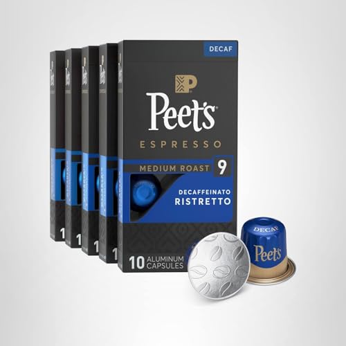 Peet's Coffee, Medium Roast Decaf Espresso Capsules, Compatible with Nespresso Original Machine, Decaffeinated Arabica Coffee - Decaf Ristretto Intensity 10, 50 CT (5 Boxes of 10 Espresso Capsules)