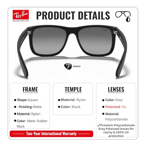 Image of Ray-Ban RB4165F JUSTIN CLASSIC LOW BRIDGE FIT Square Shape Sunglasses for Men with Official RayBan Eyewear Kit