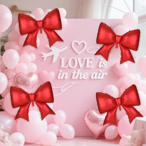 Image of 4Pcs Giant Bow Balloons, 97.5cm /38in Big Elegant Coquette Theme Balloons for Birthday Wedding Engagement & Party Large Decorations Bridal & Bachelorette Supplies (Red)