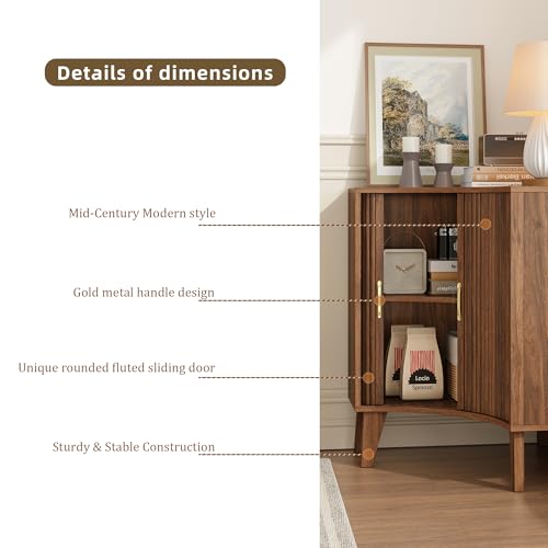 Image of Fluted Corner Cabinet, Small Corner Floor Cabinet with 2-Sliding Doors and Adjustable Shelves, Freestanding Narrow Organizer for Small Space,Living Room, Dining RoomBathroom.Walnut