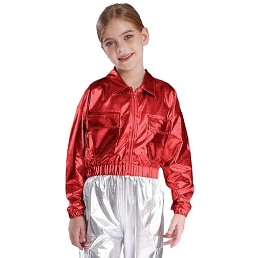 Sywiyi Chaqueta brillante para niña, chaqueta corta, sudadera con cremallera, hip hop, danza, ropa de fiesta temática, rojo, 146-152 | Ya disponible en tu tienda friki favorita! En mundofriki.es!