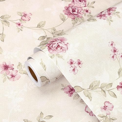 ONE2ONE ENTERPRISES Vintage Pink Floral Contact Paper 12' x 48' Floral Peel and Stick Pink Wallpaper Self Adheisve Coquette Wallpaper for Girls Bedroom Living Room Bathroom Cabinets