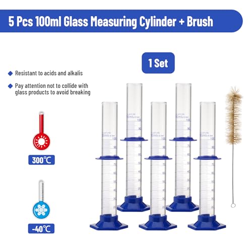 creahub 5 Pcs Graduated Cylinder 100ml Measuring Cylinder Borosilicate Glass Thick Glass Lab Cylinders with a Cleaning Brush Lab Glassware for Liquid Measuring - Thumbnail 4