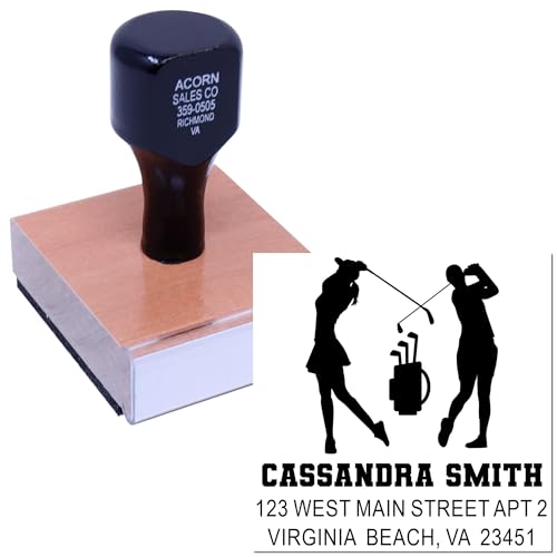 Image of Custom Wood Handle Mailing Stamp Golf Swing Silhouettes - Name and Address | Any standard pad works. Golf Mailing Stamp. Wood Handle Rubber Stamp. Laser-engraved die. Classic hand stamp. Nothing preset.