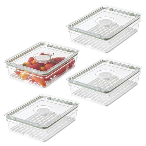 Image of iDesign Large Fridge Produce Bin with Removable Drainage Tray and Lid - Set of 4 - Clear/White