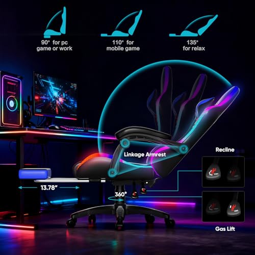 Image of Czlolo Gaming Chair, Racing Style RGB LED Lights Gaming Chairs for Adults and Kids, Lumbar Massager Gamer Chair, High Back Reclining Computer Chair with Footrest and Headrest (Black /Blue)