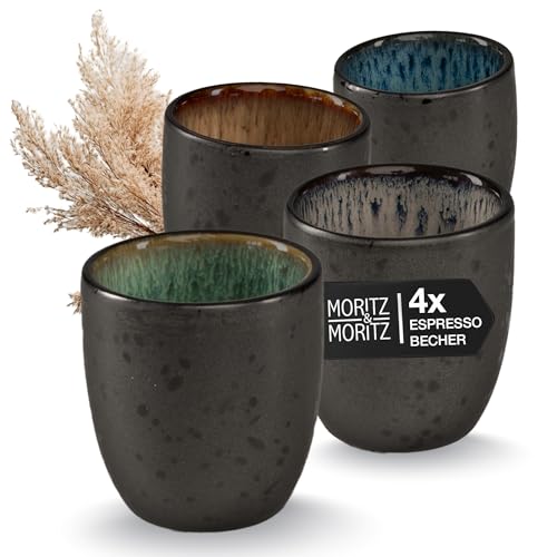 Moritz & Moritz SOLID Espressobecher 4er Pack - Steingut Espresso Tassen 70 ml im Set - Reaktives Design mit farbigen Innenseiten - Robuste kleine Kaffeebecher - Leicht stapelbar & pflegeleicht
