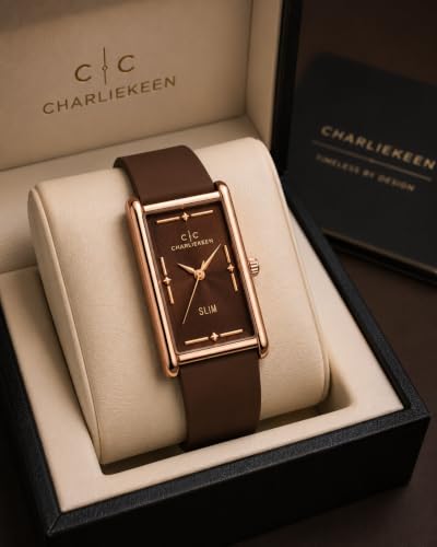 Image of CHARLIEKEEN Slim Rectangular Mens Analog Watch (Brown, Brown, Rose Gold) | SILICONE STRAP