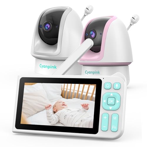 Cyanpink Video Baby Monitor with 2 Cameras, 2000ft Range, 1080p HD, 5" Screen, No WiFi, Dual View, 5000mAh Battery, Super Clear Night Vision, Pan-Tilt-Zoom, 2-Way Audio, AI Cry & Motion Detection