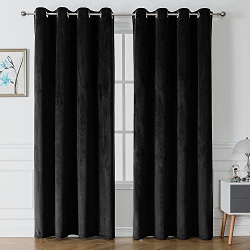 Victree Velvet Curtains for Bedroom, Thick Velvet Curtains 52 x 84 inch Length Sun Light Blocking Grommet Window Drapes for Living Room, 2 Panels (Black, 52