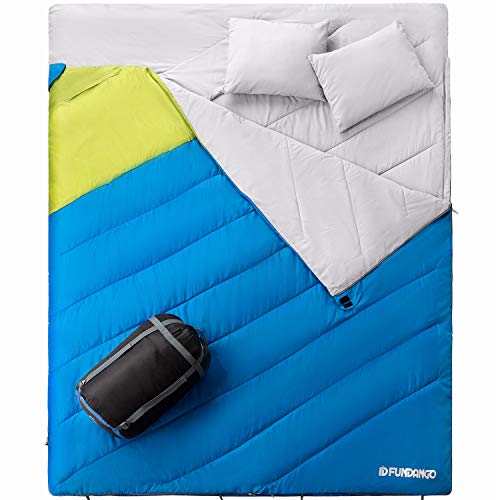 FUNDANGO Saco de dormir 3 en 1 XL Queen Double 2 Personas con 2 Almohadas para Familia, Pareja Adulto Oversize Ligero Impermeable Saco de Dormir Clima Caliente para Camping Senderismo Mochila Azul Cover