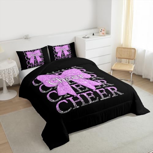 Image of Feelyou Cheer Bow Kids Comforter Set Full Size Cheerleading Bedding Set Funny Sport Duvet Quilt for Kids Boys Girls Bedroom Purple Decor Microfiber Ultra Soft Breathable
