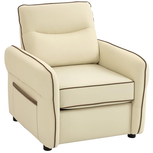 HOMCOM Butaca de Salón Tapizada en Cuero Sintético, Sillón Relax Moderno con Asiento Ancho, Acolchado Grueso, Reposabrazos y Bolsillo Lateral para Dormitorio, Sala de Estar, Carga 120 kg, Beige