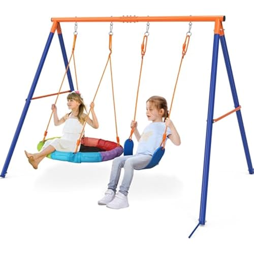 GIKPAL Swing Set with Stand, 32" Saucer Plus Belt Seat for Backyard