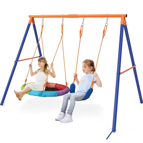 Image of GIKPAL Swing Set with Stand, 32 inch Saucer Plus Belt Seat for Backyard | Dual-seat backyard setup with quick-drying saucer fabric, classic belt seat, metal A-frame, and enough space for 2 kids.