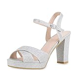  SCARPE VITA Damen Sandaletten Riemchensandaletten Party Schuhe Blockabsatz High Heels Plateau Sandalen Absatzschuhe 185557 Silber Total 40