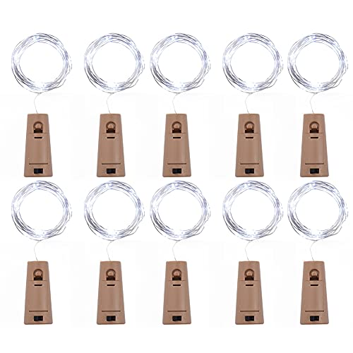 XhuangTech Lot de 10 guirlandes lumineuses avec bouchon en liège, 2 m, 20 LED pour bouteilles, fil de cuivre, fonctionne à piles, lumière LED pour gin, vin (blanc froid) Cover