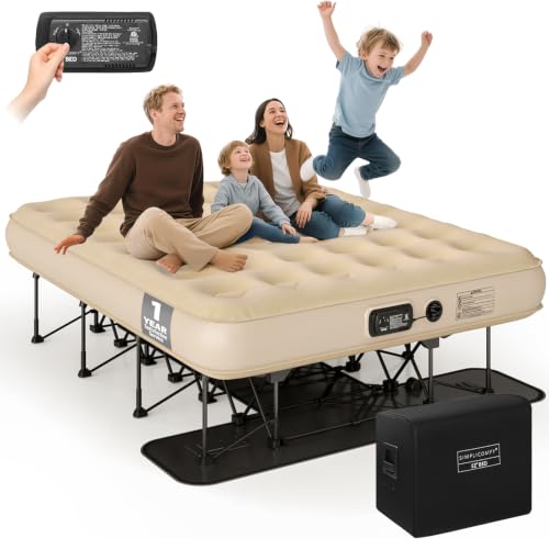 Image of Simpli Comfy Queen EZ Bed Self-Inflating Air Mattress with Built-in Frame, Pump and Wheeled Case, Blow Up Inflatable Rolling Air Bed on Wheels