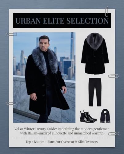Image of Long Faux Fur Coat Outwear Black Winter Parka Overcoat for Men
