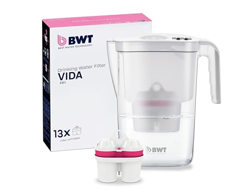 BWT Wasserfilter VIDA Weiß 2,6L inkl. 13 Magnesium Filterkartuschen | Jahrespaket | Wasserfilter Trinkwasser | Für Speisen & Getränke | Filtert Kalk, Chlor, Blei & Kupfer | Wasser Filter