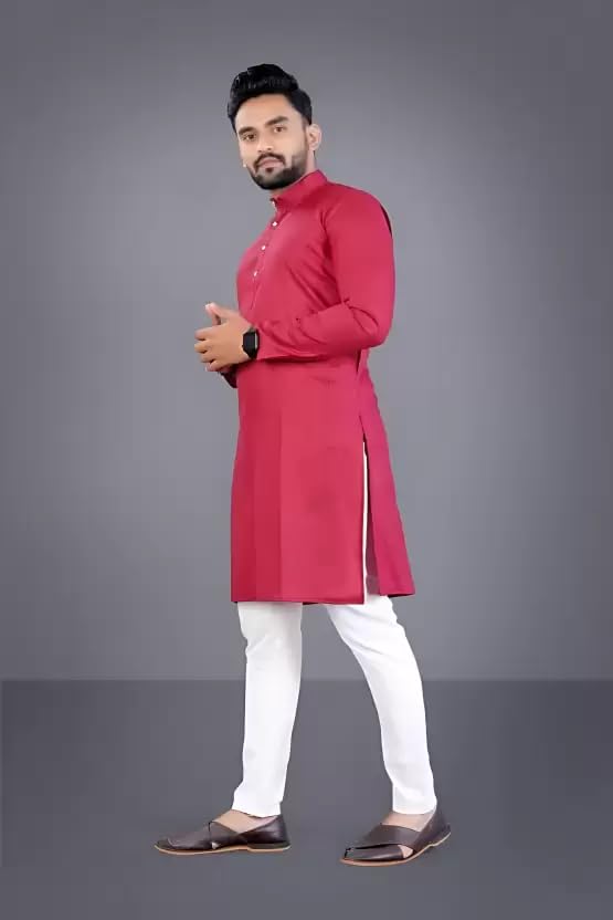 Image of weltpocket Men's Cotton Blend Solid Straight Kurta Pyjama