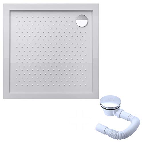 doporro Plato de ducha plano diseño Lucia01 80x80x4 acrílico en blanco incl. válvula de desagüe con manguera flexible y perfil antideslizante adecuada para instalación a nivel del suelo Cover