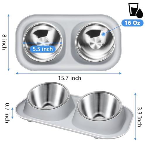 Ant Away Cat Food and Water Bowls, Elevated Cat Bowls Raised Cat Bowl with Stand Stainless Steel, Tilted Cat Bowls Anti Vomiting, Double Cat Food and Water Bowl Set for Cats (Grey, 16 Oz)