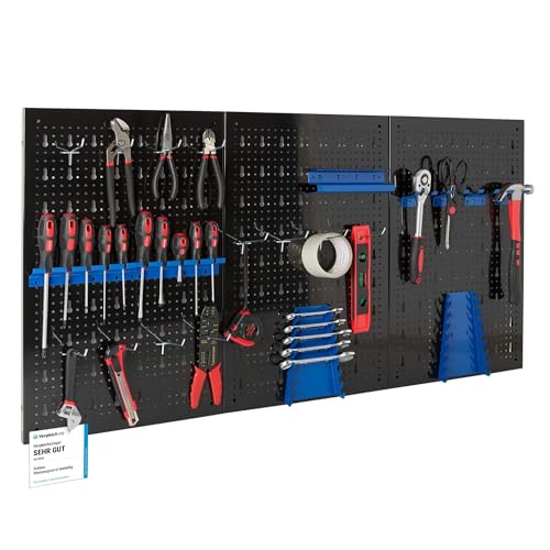 Arebos Werkzeugwand 3-teilige Lochwand Werkstatt | 17-teiliges Hakenset & Halterungen | 117,6 x 59,5 x 2 cm | Werkzeuglochwand aus Metall für Werkstatteinrichtung inkl. Montagematerial | Blau