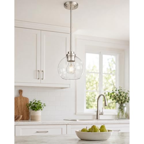 Image of Pendant Lights Kitchen Island, 7 inch Modern Brushed Nickel Hanging Lights Fixtures with Clear Glass Globe Shade, Kitchen Island Lighting for Bathroom, AD-22280-1P-SN-C