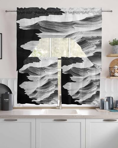 White Ocean Kitchen Curtains and Valance Set, Black Beach Coastal