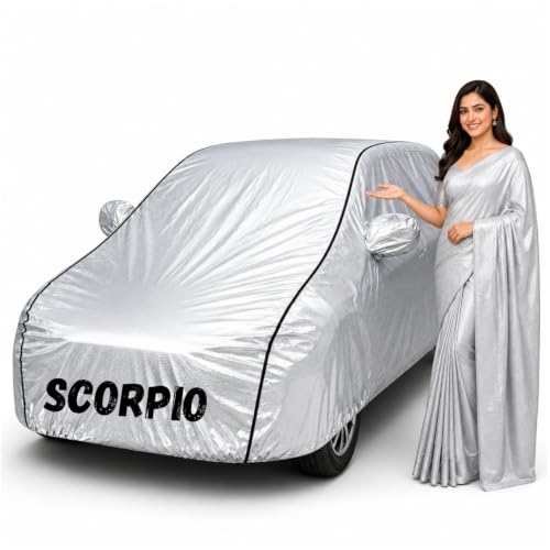 Image of Waterproof Car Body Cover for Scorpio All Weather Protection Comes with Inner Cotton Lining & Triple Stitched with Mirror & Antenna Pocket Belt & Elastic Fit Metallic Silver with Black Piping