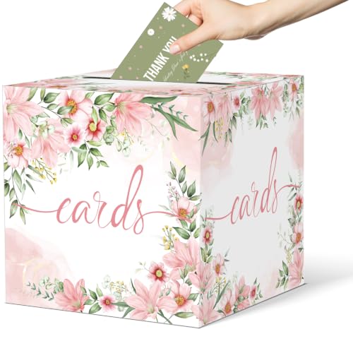 Image of Watercolor Pink Floral Card Box Wedding Card Box Holder Gift Cards Receiving Box for Party Graduation Bridal or Baby Showers, Raffle Ticket Box Money Box for Birthday Party Retirements Anniversaries