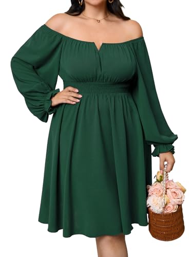 SHESTARR Womens Plus Size Cocktail Dress Fall Off Shoulder Long Sleeve Square Neck Smocked Waist Flowy A Line Short Dress Emerald Green