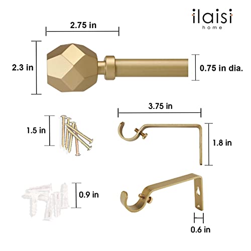 Ilaisihome Single Curtain Rod Set: 3/4 In Diameter Adjustable Gold Curtain Rod With Geometric Faceted Finials,32-90 In,Standard Single Gold Drapery Rod For 1 Pack #TOP3