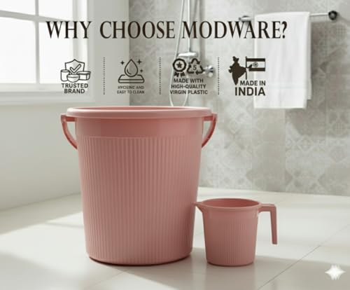 Image of MODWARE Plastic Bucket Set with Mug, 20L Bucket with 1L Mug, Polypropylene, Round Shape, (Pink, 20 L)