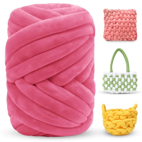 LEREATI Thick Chunky Yarn for Arm Knitting, Jumbo Tube Knit Blanket Soft Velvet Yarn for Crocheting Handbags, Hand Knitting, Pet Bed, Rugs, Pillows, Crafts (Peach Red, 1.1lbs)