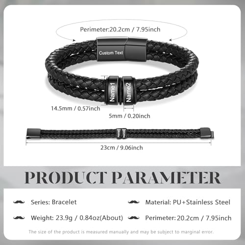 Personalized Custom Name Bracelets for Men - Mens Leather Bracelet with 2-6 Family Names,Customized Bracelet Father's Day Dad Gifts for Husband Son2
