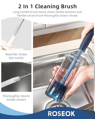 Image of ROSEOK 2 in 1 Bottle Brush with Straw Cleaner Brush, Water Bottle Brush | For Cleaning Glass, Sports Bottle, Coffee Mug, Cup Cleaner, Grayish Blue, 1 Pack
