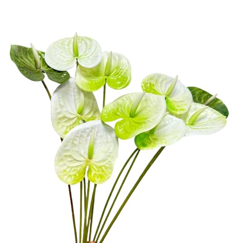 10 pcs 24Artificial Anthurium Flowers with Stem Fake Flower Filler Plants Real Touch Flower for Spring Home Decor Table Centerpieces Wedding Party Decor Background Wall Decor (Mix White/Green)