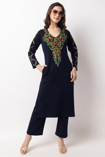 Image of Rosary Women's Woolen Winter Embroidered Kurta with Palazzo | Warm Ethnic Suit Set - 2 Piece Outfit