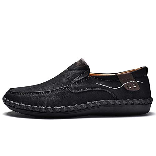 Lightweight Breathable Hand-Made Loafers for Men Microfiber Leather Anti-Slip Flat Casual Shoes Lined Slip-on Round Toe(Black,10 M US)4