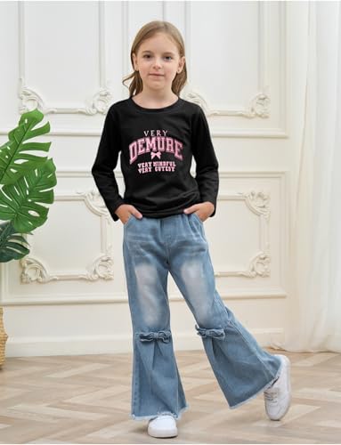 Image of Toddler Girl Clothes Long Sleeve Cartoon & Letter Graphic Top + Fruit Stationery Print Flared Leg Pants