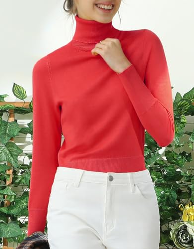 Image of Stretch Soft Knit Sweater Turtle Neck Long Sleeve Casual Lightweight Pullover Sweater for Womens with Plus Size