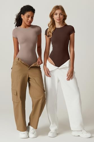 Image of QINSEN Women's Crew Neck Short Sleeve Bodysuit Double Lined Body Suits Basic T-shirt Tops