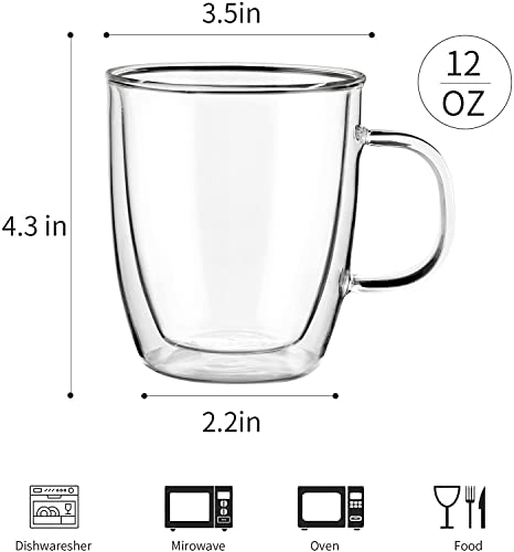YUNCANG Canecas de café de vidro de parede dupla, (conjunto de 2) 355 ml copos de café transparentes