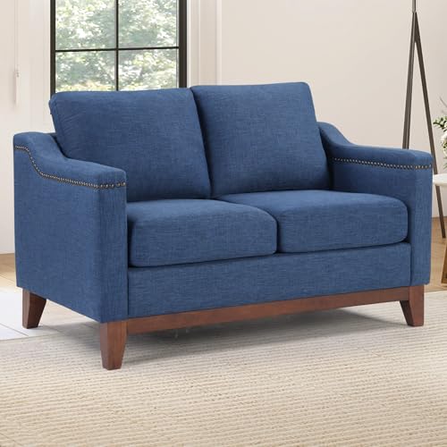 Image of Vintage 2-Seater Upholstered Loveseat Sofa with Nailhead Trim, High-Density Foam Cushion & Solid Wood Legs, Soft Fabric Couch for Small Spaces, Blue
