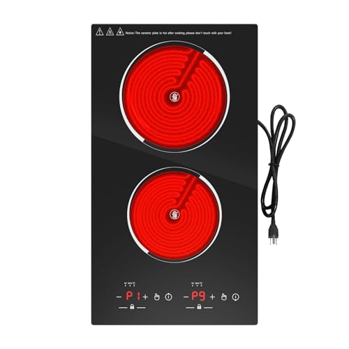 VBGK Electric Cooktop,12 Inch Built-in Radiant Electric Stove Top,110V 2100W 2 burner cooktop With 9 Heating Level, Timer & Kid Safety Lock, Sensor Touch Control 2 burner Induction Cooktop