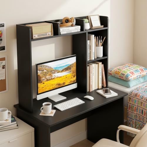 Image of Tangkula Desktop Bookshelf, Countertop Storage Hutch with Shelves for Computer Desk, Desk 3-Tier Display Rack, Multipurpose Wood Desktop Hutch Storage Organizer for Dorm Office (Black,5 Shelves)